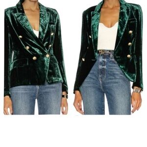 Rachel Zoe | Emerald Green Velvet Double Breasted Gold Buttons Blazer Size Small